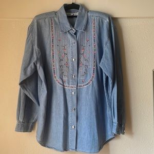 Vintage Capacity cotton denim long sleeve button down with embroidery detail